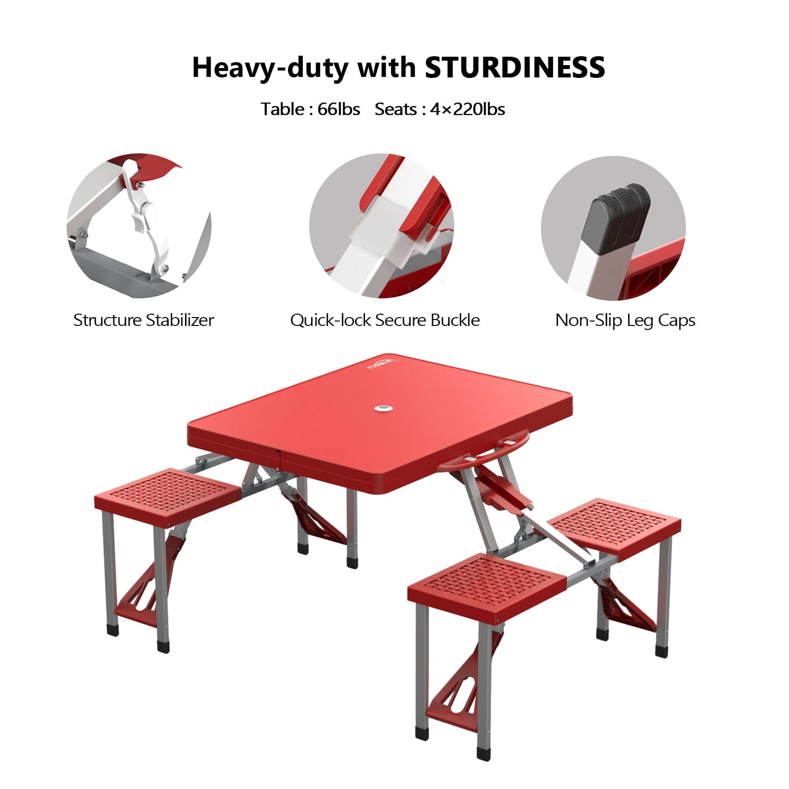 Ktaxon Portable Folding Picnic Table With 4-Person Chair Seats, Foldable Plastics Camping Table Set, Red