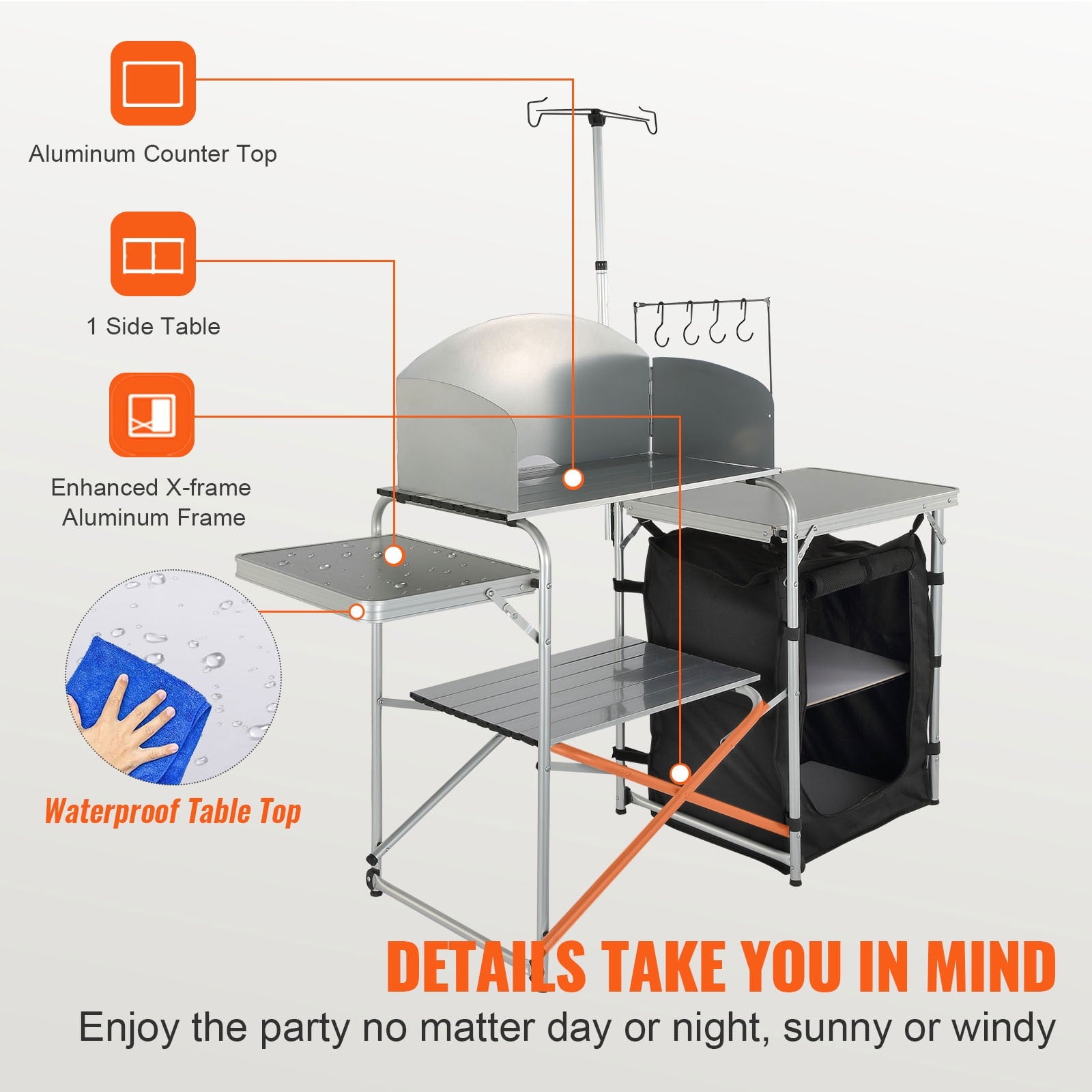 KFFKFF Portable Camp Kitchen, Collapsible Outdoor Chef Station with Storage Bag, Metal Prep Area, Single Cabinet & Removable Wind Guard, Easy Assembly for Camping, Barbecues, RV Trips, Black
