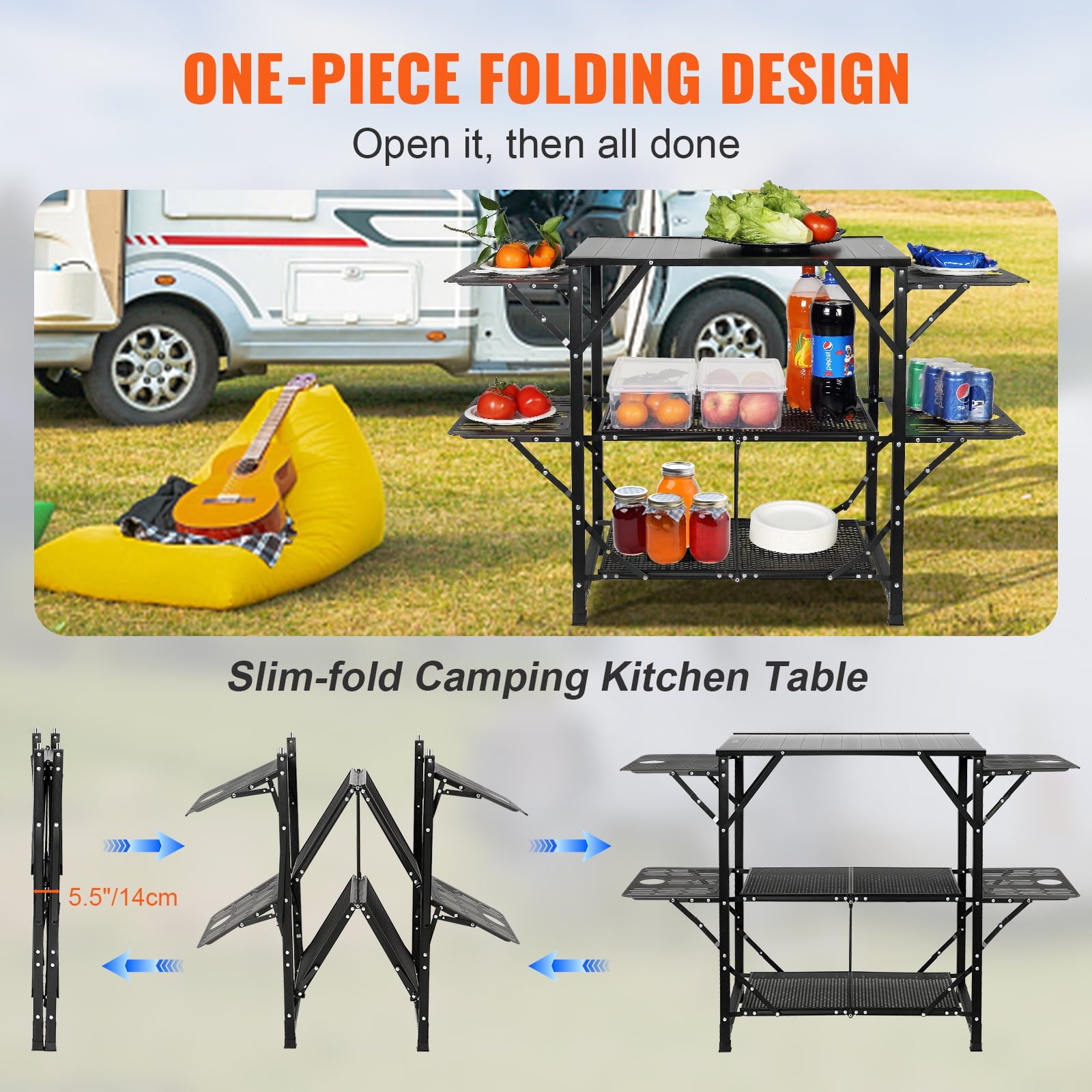 VEVOR Camping Kitchen Table, Quick set-up Folding Camping Table with A Carrying Bag, 3 Adjustable Heights, MDF Camping Table, Ideal for Outdoor Picnics, BBQs, Camping, RV Traveling