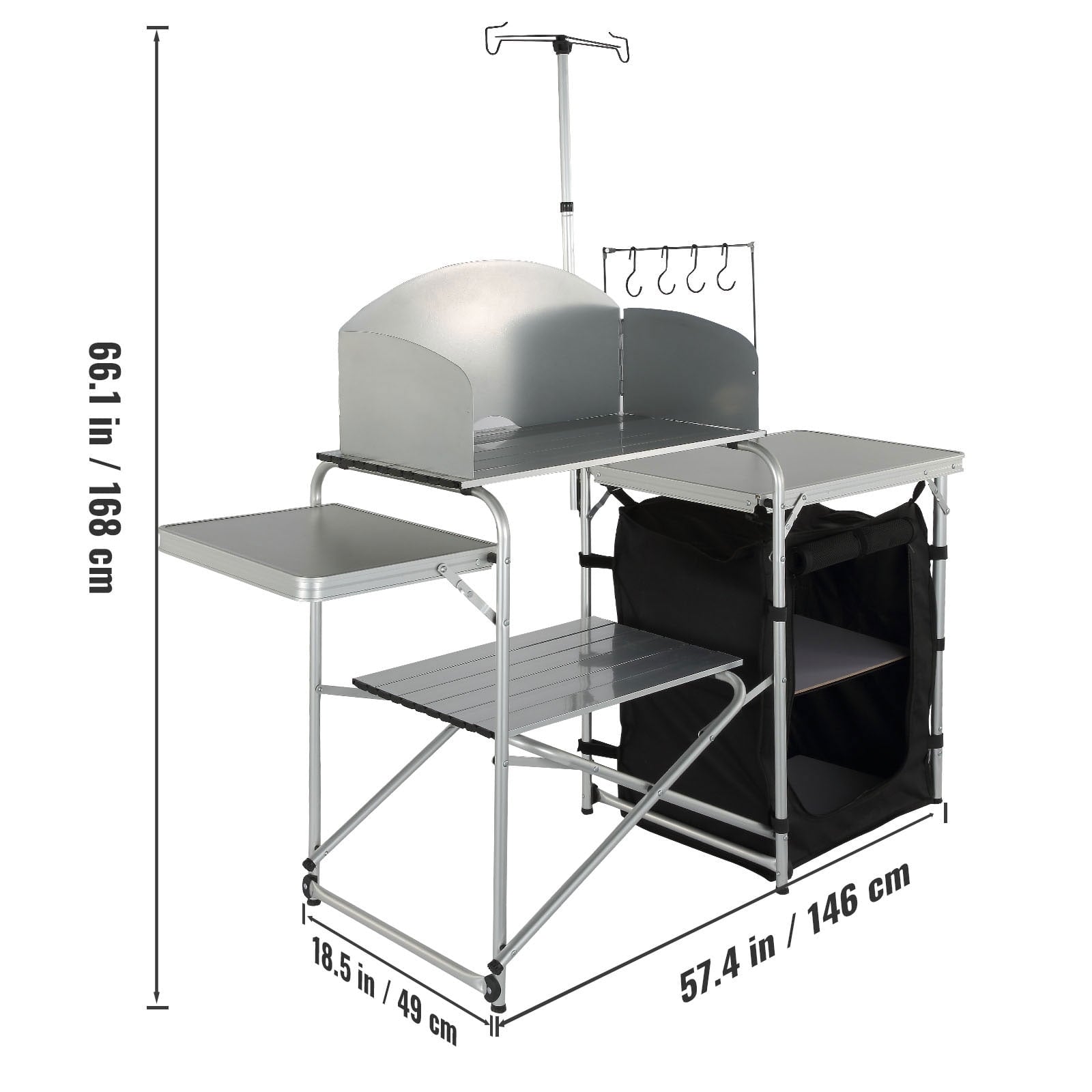 KFFKFF Portable Camp Kitchen, Collapsible Outdoor Chef Station with Storage Bag, Metal Prep Area, Single Cabinet & Removable Wind Guard, Easy Assembly for Camping, Barbecues, RV Trips, Black