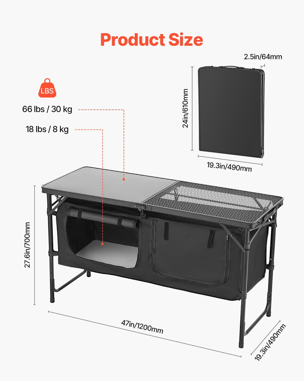 VEVOR Camping Kitchen Table, Quick set-up Folding Camping Table with A Carrying Bag, 3 Adjustable Heights, MDF Camping Table, Ideal for Outdoor Picnics, BBQs, Camping, RV Traveling