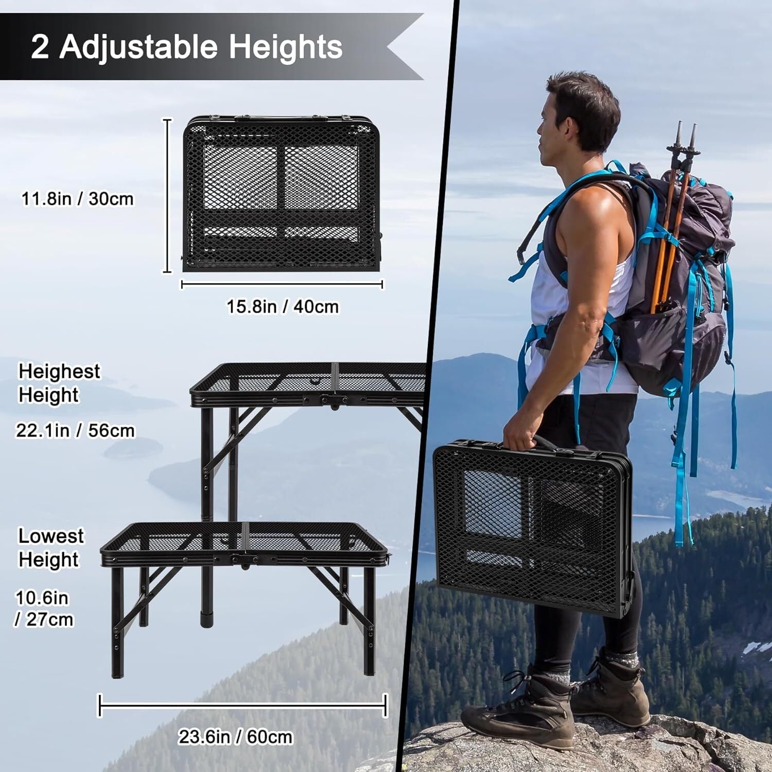 Tiagowell Lightweight Folding Grill Table with Mesh Desktop, Camping Table Folding Portable Camp Aluminum ,Picnic, Backyard, BBQ, Patio, Black