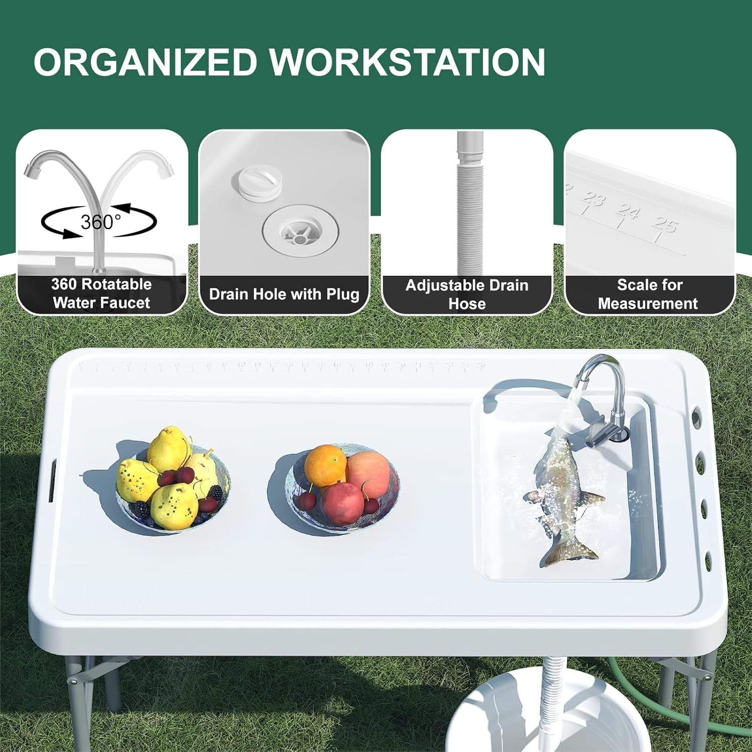 EVOKEDEN 42.5 Fish Cleaning Table w/ Sink, Folding Camping Table & Fish Cleaning Station w/ Measure Mark
