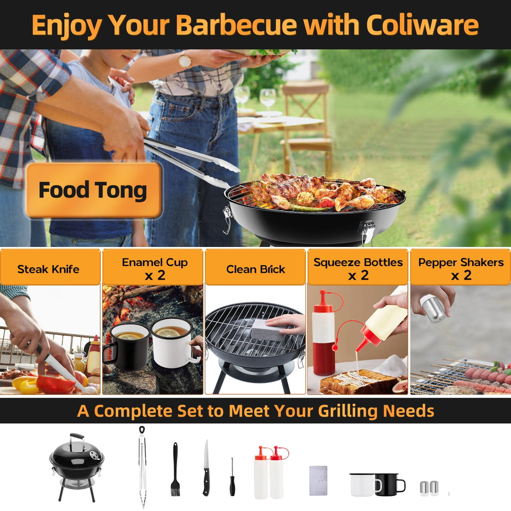 Coliware 14 inch Small Charcoal Grill, Portable Chargrills Tabletop Grill with accessories tools, Expert Barbecue Smoker for picnic camping patio backyard, Outdoor Oven