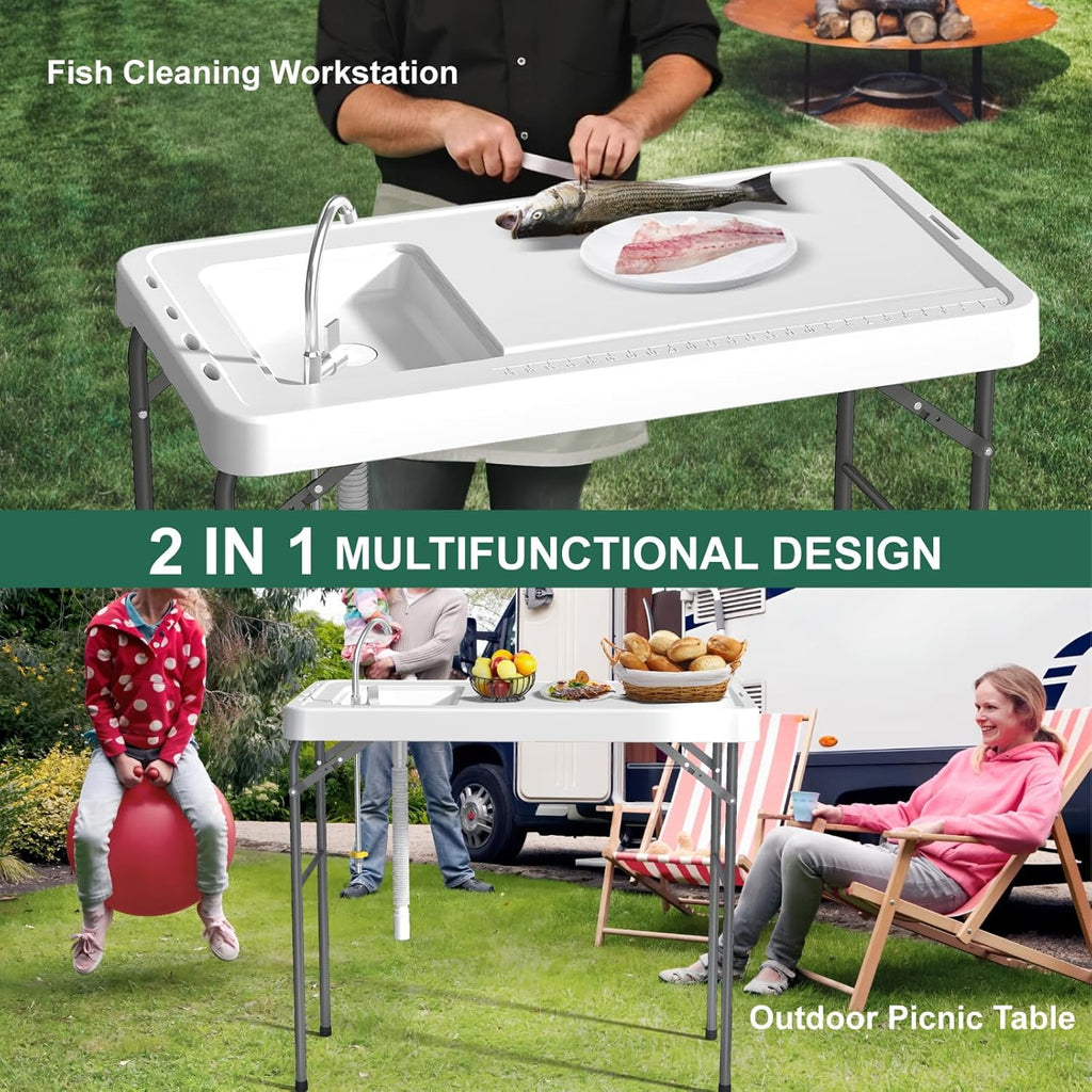 EVOKEDEN 42.5 Fish Cleaning Table w/ Sink, Folding Camping Table & Fish Cleaning Station w/ Measure Mark