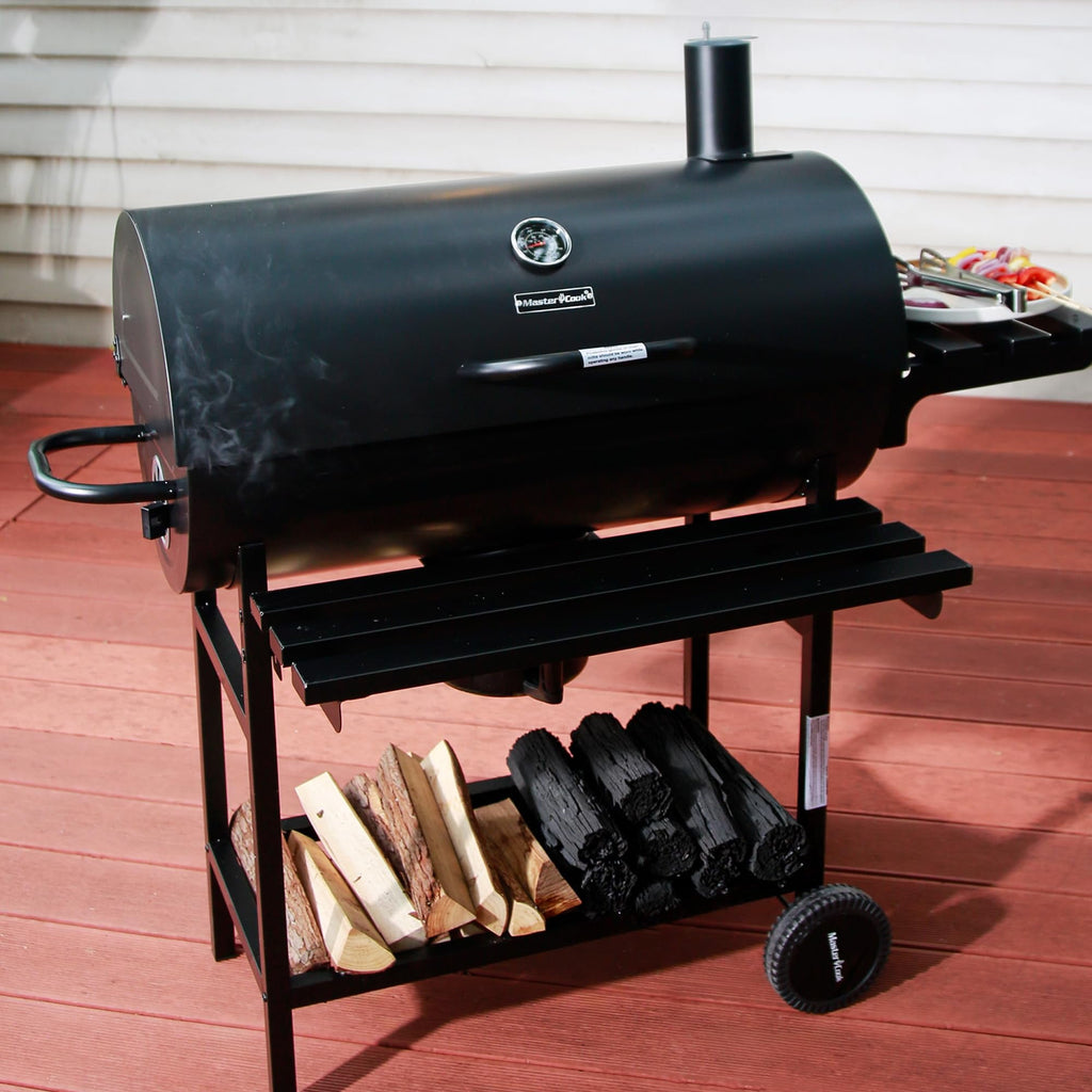 MASTER COOK Barrel Charcoal Grill with Foldable Shelf, Outdoor BBQ Smoker Grill with Thermometer and Adjustable Air Vents