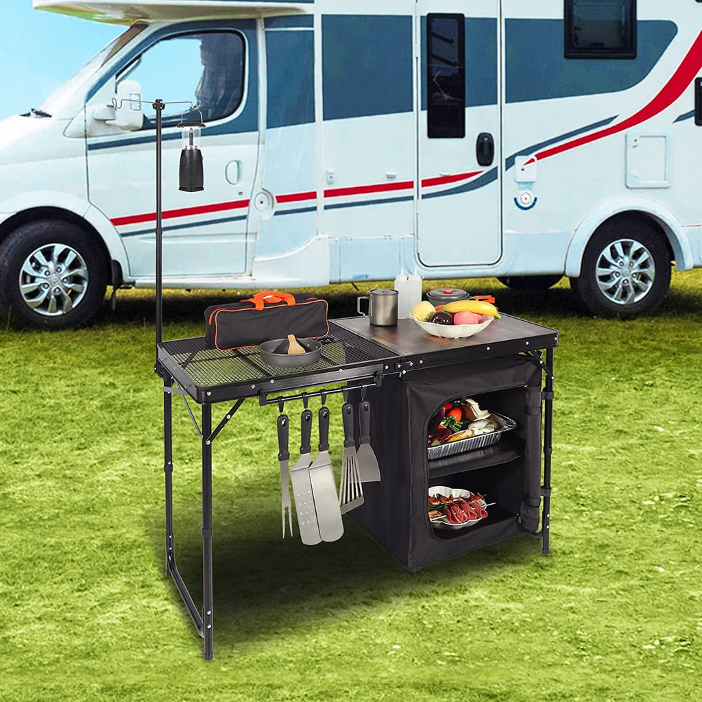 REDCAMP Extra Long Camping Kitchen Tri-Fold Table with Storage Organizer, Folding Camping Cook Station Grill Table Portable for Party Courtyard Picnic
