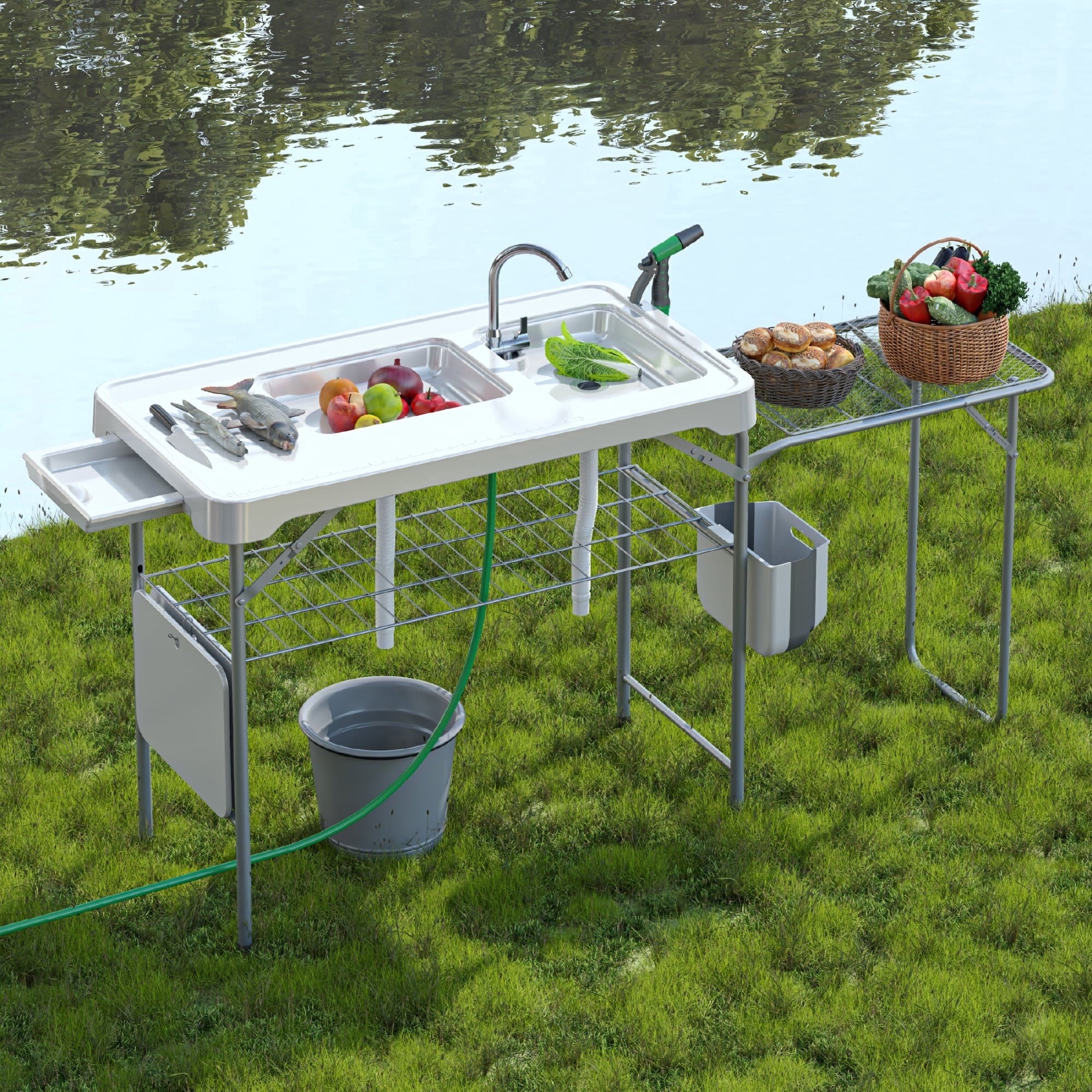 EVOKEDEN 42.5 Fish Cleaning Table w/ Sink, Folding Camping Table & Fish Cleaning Station w/ Measure Mark