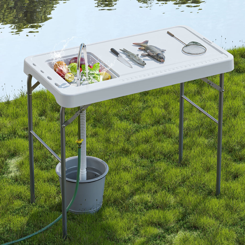 EVOKEDEN 42.5 Fish Cleaning Table w/ Sink, Folding Camping Table & Fish Cleaning Station w/ Measure Mark