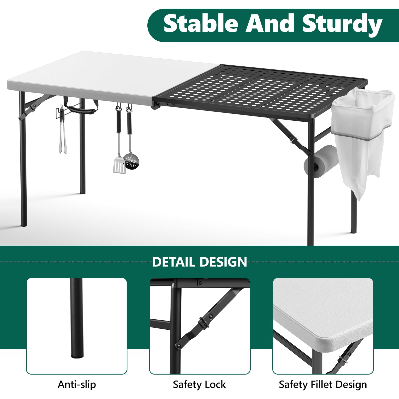 HaiNova Outdoor Folding Grill Table, 5 Foot Cook Table with Storage for Cooking Accessories, Foldable & Portable for Picnic, BBQ, and Party