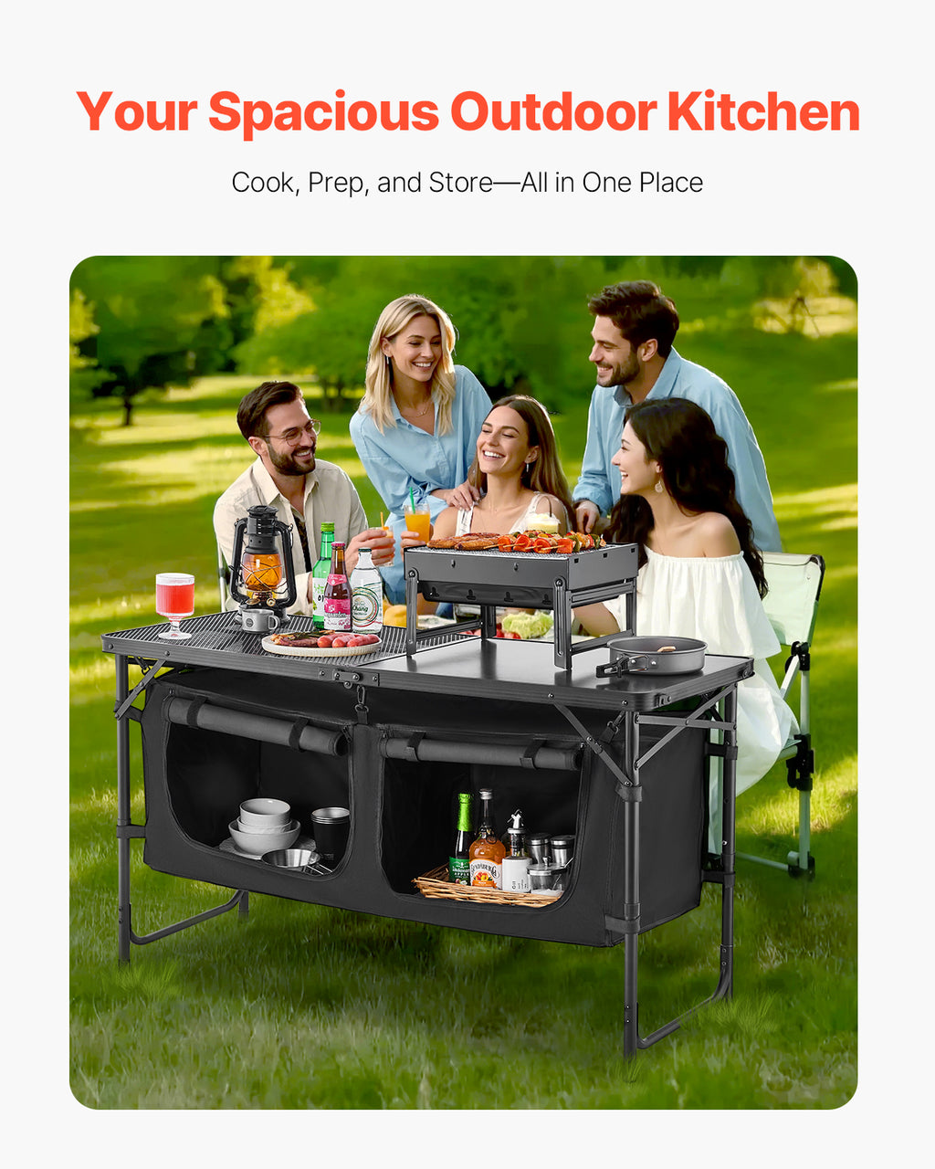 VEVOR Camping Kitchen Table, Quick set-up Folding Camping Table with A Carrying Bag, 3 Adjustable Heights, MDF Camping Table, Ideal for Outdoor Picnics, BBQs, Camping, RV Traveling
