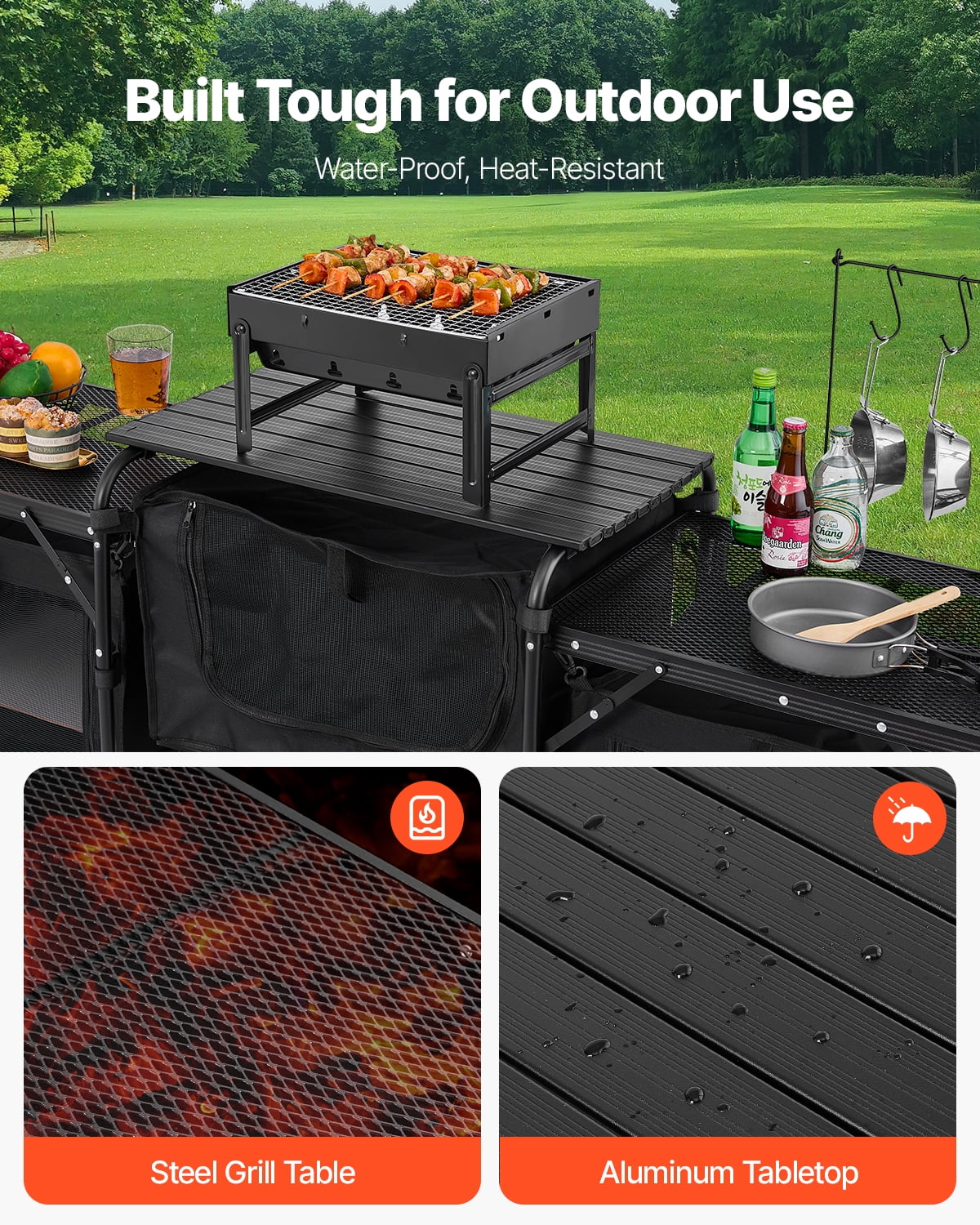 VEVOR Camping Kitchen Table, Quick set-up Folding Camping Table with A Carrying Bag, 3 Adjustable Heights, MDF Camping Table, Ideal for Outdoor Picnics, BBQs, Camping, RV Traveling