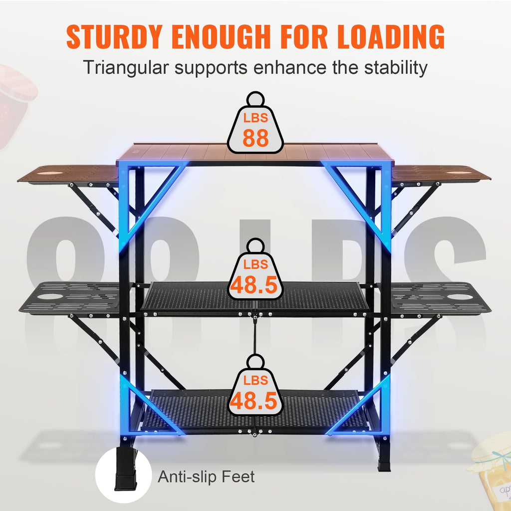 VEVOR Camping Kitchen Table, Quick set-up Folding Camping Table with A Carrying Bag, 3 Adjustable Heights, MDF Camping Table, Ideal for Outdoor Picnics, BBQs, Camping, RV Traveling